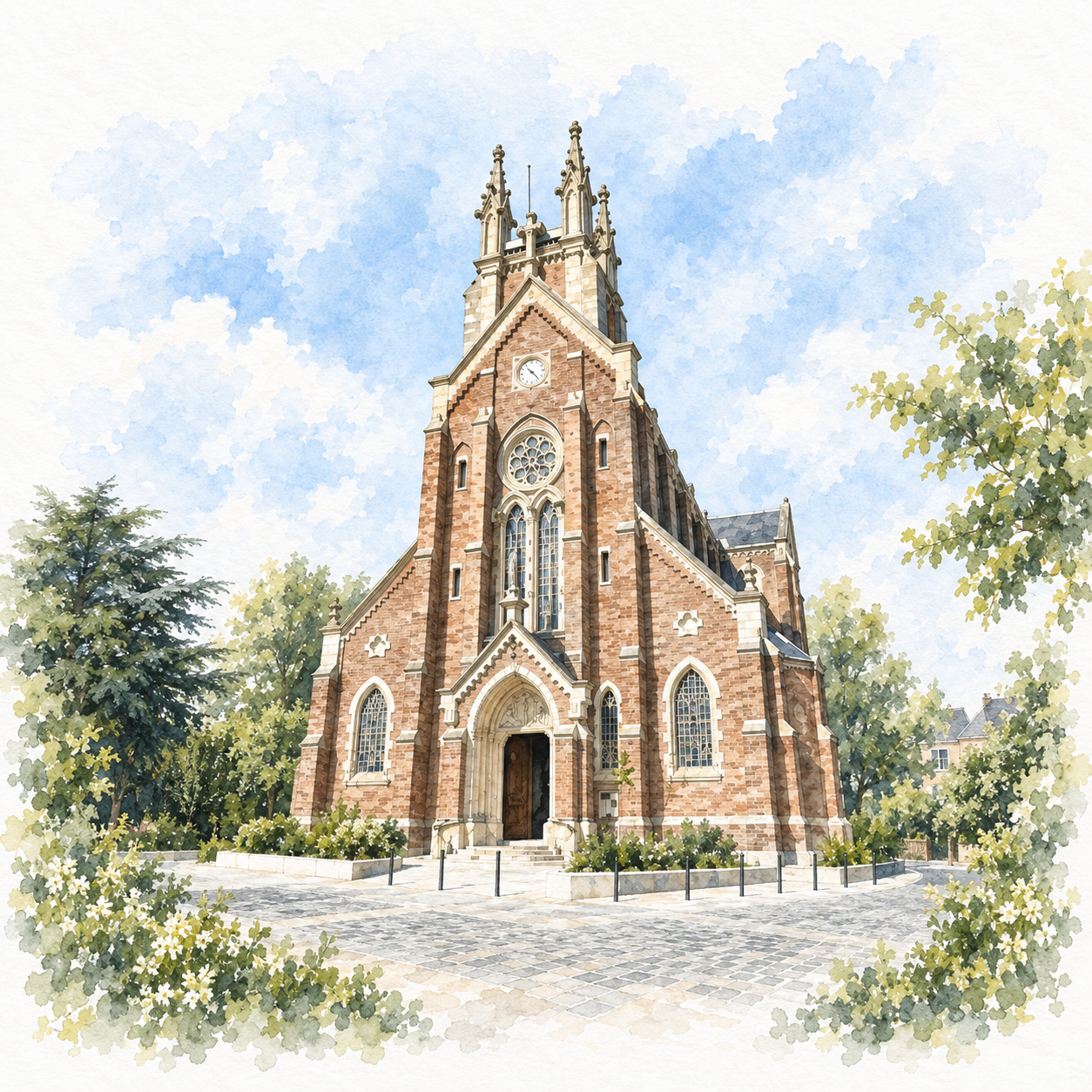Illustration aquarellée de l’église Notre-Dame-des-Anges de Bihorel